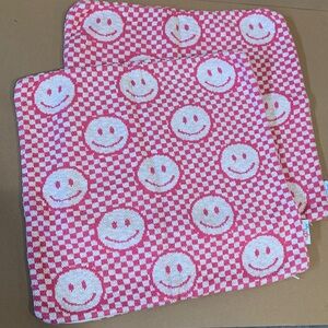 Pink and White Smiley Face Checkered knit pillow covers (set of 2)